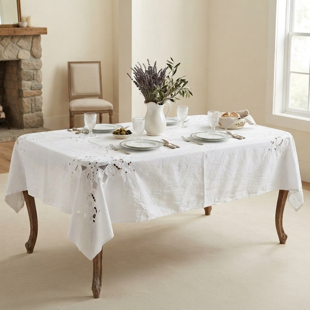 Vintage Tablecloth Embroidered Eyelet Lace Cotton Oval White 60x88 victorian